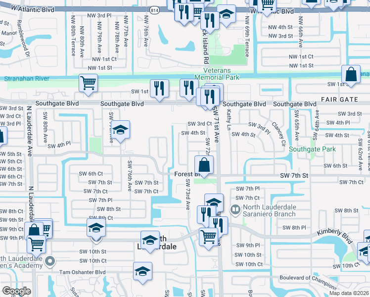 map of restaurants, bars, coffee shops, grocery stores, and more near 413 Southwest 73rd Avenue in North Lauderdale