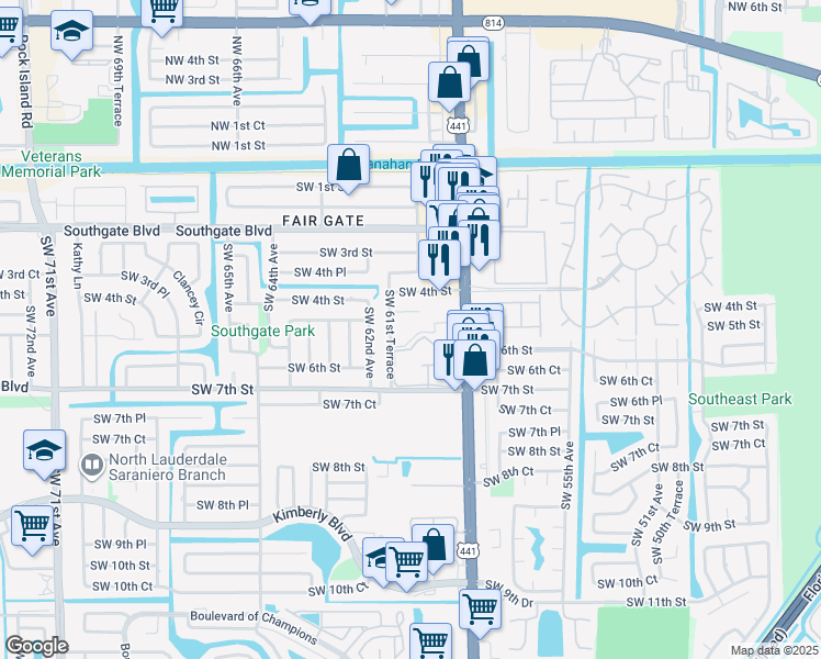 map of restaurants, bars, coffee shops, grocery stores, and more near 6161 Southwest 6th Street in Margate