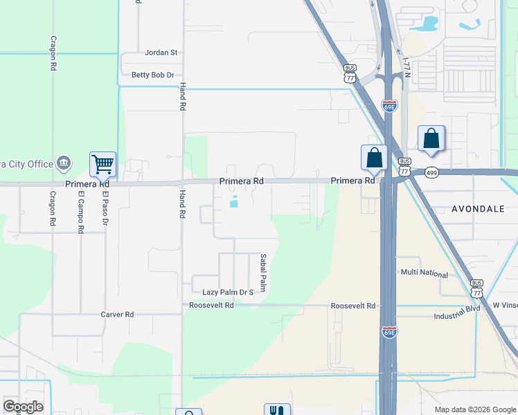 map of restaurants, bars, coffee shops, grocery stores, and more near 18308 Primera Road in Harlingen