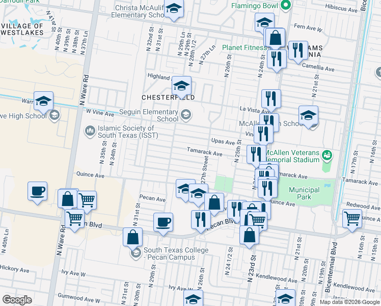 map of restaurants, bars, coffee shops, grocery stores, and more near 2801 Tamarack Avenue in McAllen