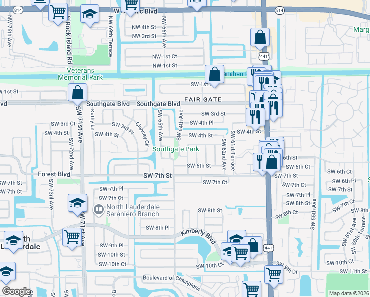map of restaurants, bars, coffee shops, grocery stores, and more near 510 Southwest 63rd Terrace in Margate