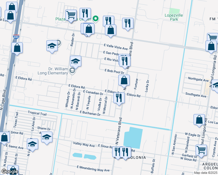 map of restaurants, bars, coffee shops, grocery stores, and more near 3672 North Mezcal Drive in Pharr