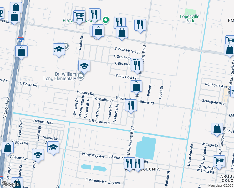 map of restaurants, bars, coffee shops, grocery stores, and more near 3671 North Mezcal Drive in Pharr