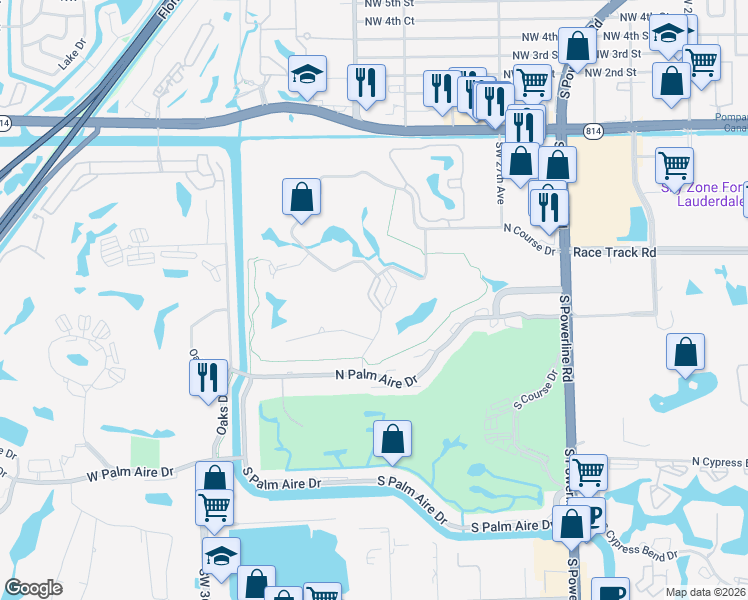map of restaurants, bars, coffee shops, grocery stores, and more near 108 North Course Drive in Pompano Beach