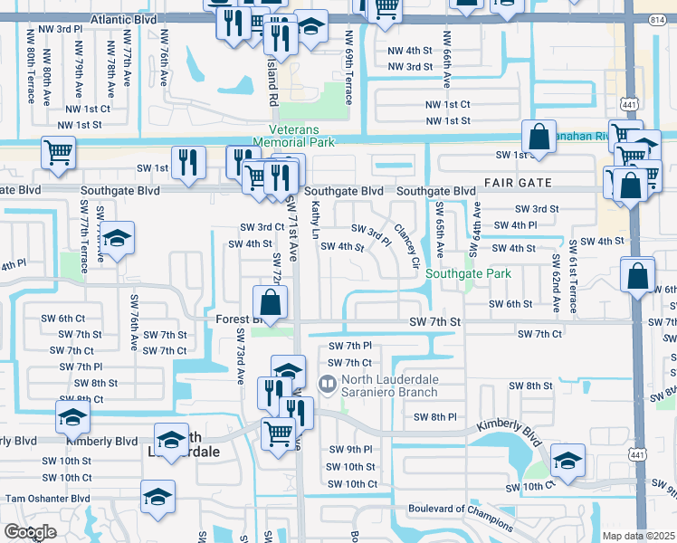 map of restaurants, bars, coffee shops, grocery stores, and more near 6891 Southwest 5th Street in Margate