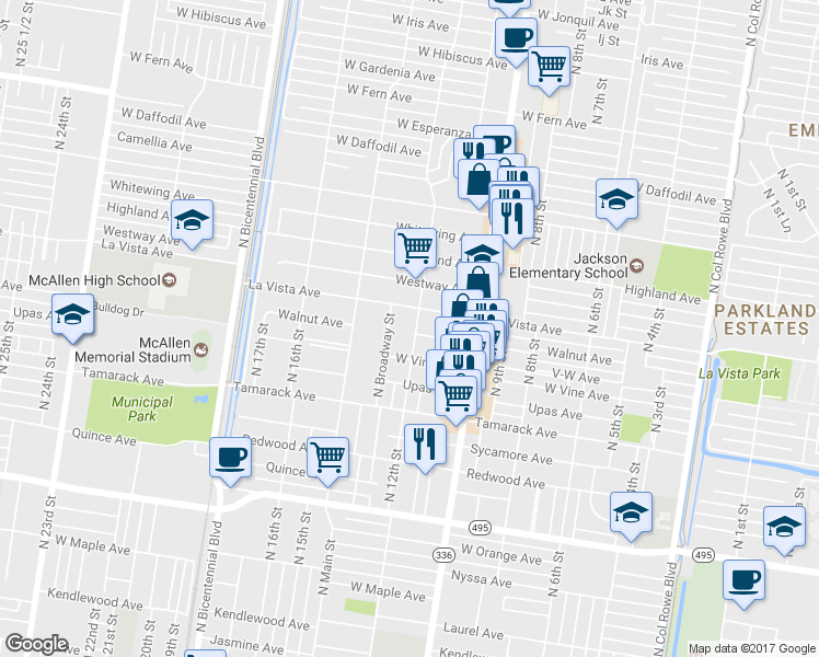 map of restaurants, bars, coffee shops, grocery stores, and more near 2301 North 12th Street in McAllen