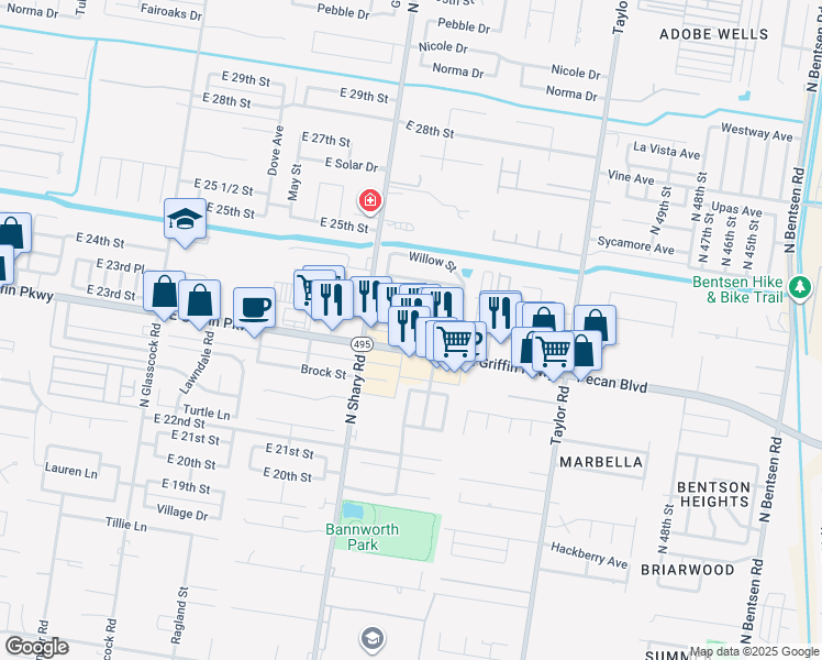 map of restaurants, bars, coffee shops, grocery stores, and more near 2412 Mimosa Street in Mission