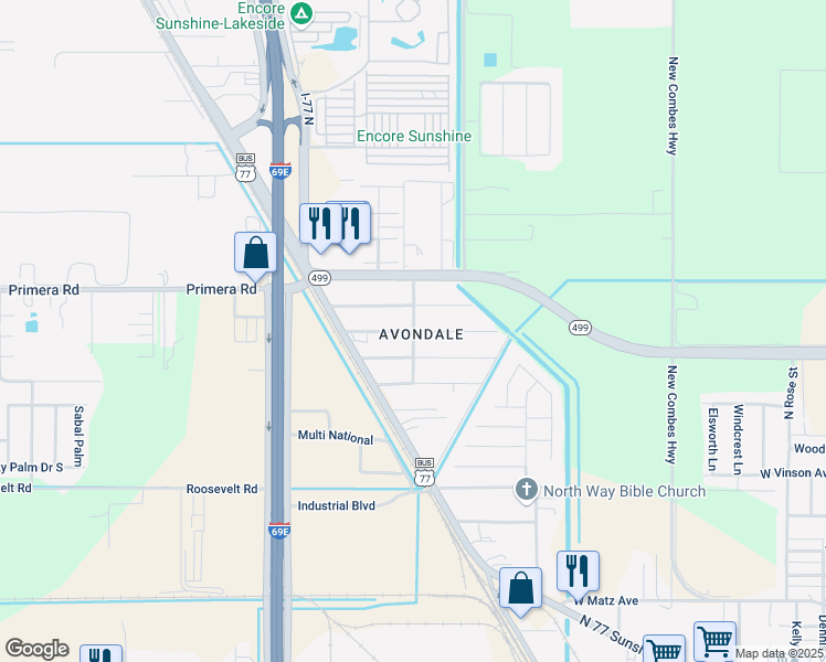 map of restaurants, bars, coffee shops, grocery stores, and more near 3401 Granada Street in Harlingen