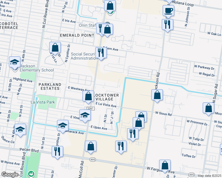 map of restaurants, bars, coffee shops, grocery stores, and more near 900 East Whitewing Avenue in McAllen