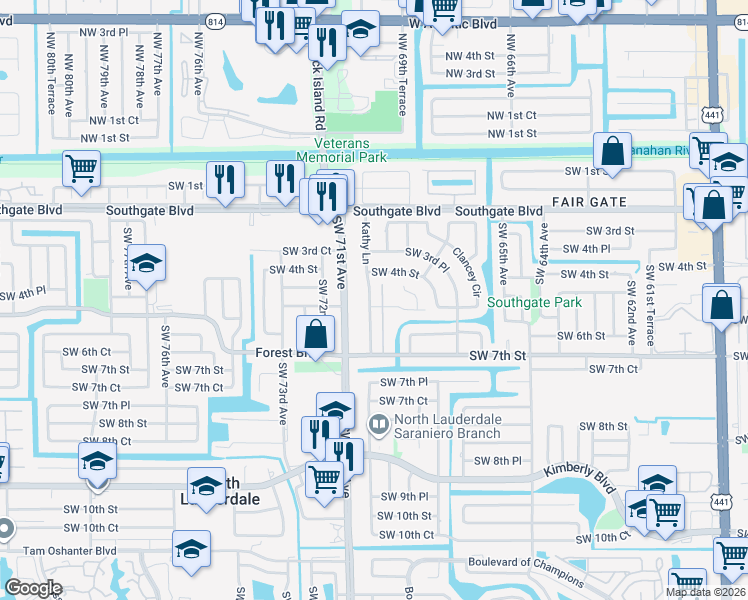 map of restaurants, bars, coffee shops, grocery stores, and more near 581 Kathy Lane in Margate
