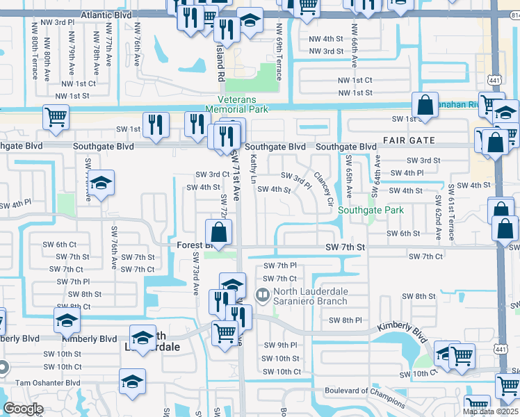map of restaurants, bars, coffee shops, grocery stores, and more near 6891 Southwest 5th Street in Margate