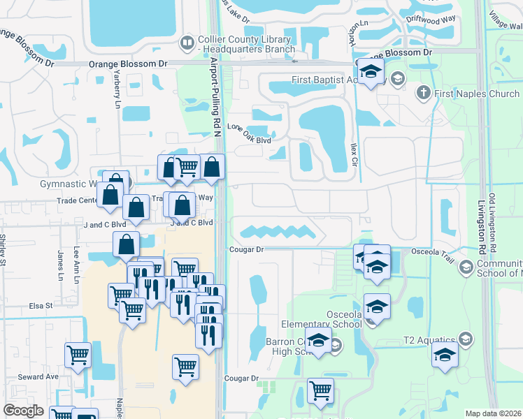 map of restaurants, bars, coffee shops, grocery stores, and more near 13359 Silktail Drive in Naples