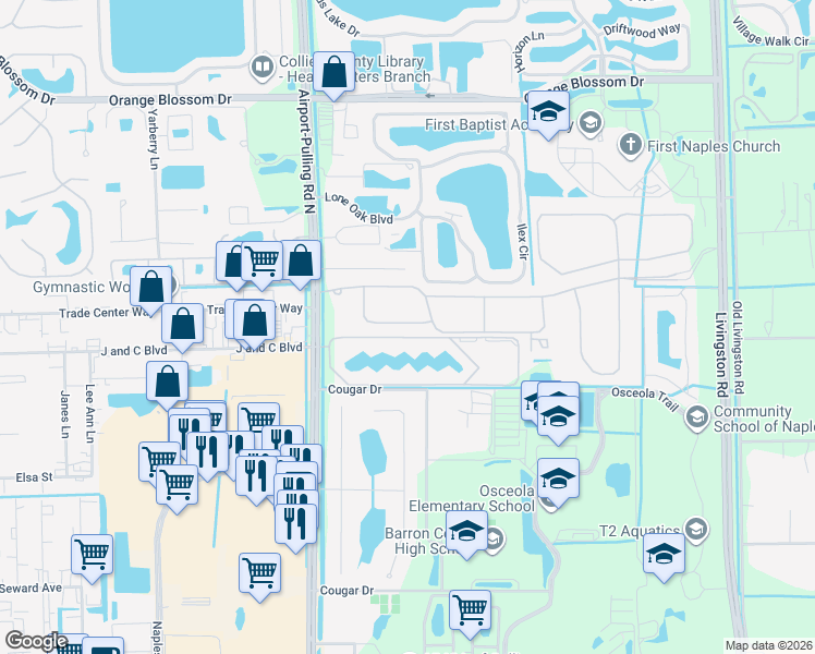 map of restaurants, bars, coffee shops, grocery stores, and more near 13407 Silktail Drive in Naples