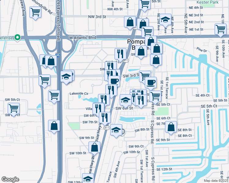 map of restaurants, bars, coffee shops, grocery stores, and more near 457 South Dixie Highway East in Pompano Beach