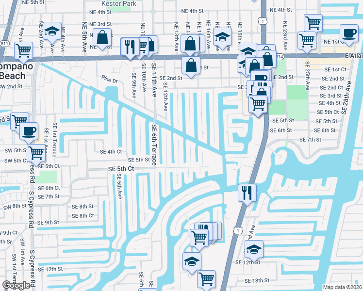 map of restaurants, bars, coffee shops, grocery stores, and more near 451 Southeast 8th Avenue in Pompano Beach