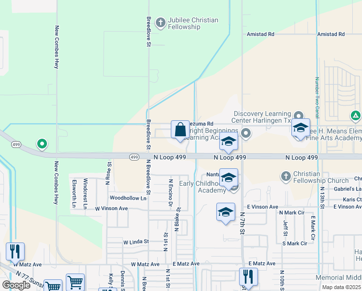 map of restaurants, bars, coffee shops, grocery stores, and more near 301 Texas 499 Loop in Harlingen