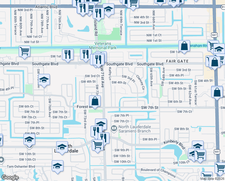 map of restaurants, bars, coffee shops, grocery stores, and more near 581 Kathy Lane in Margate