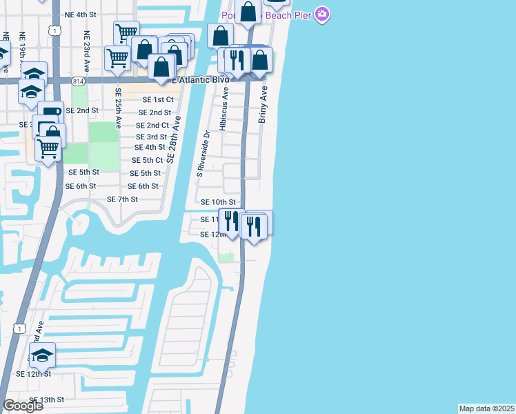 map of restaurants, bars, coffee shops, grocery stores, and more near 1010 Florida A1A in Pompano Beach
