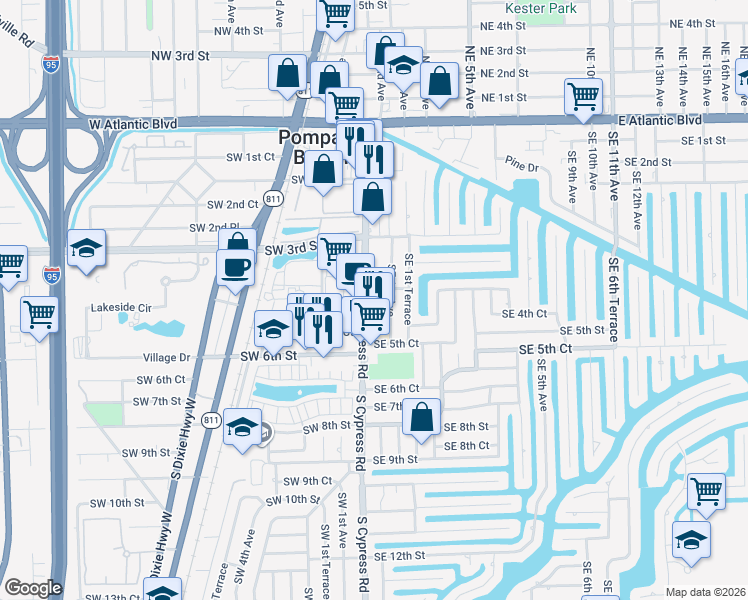 map of restaurants, bars, coffee shops, grocery stores, and more near 421 Southeast 1st Avenue in Pompano Beach