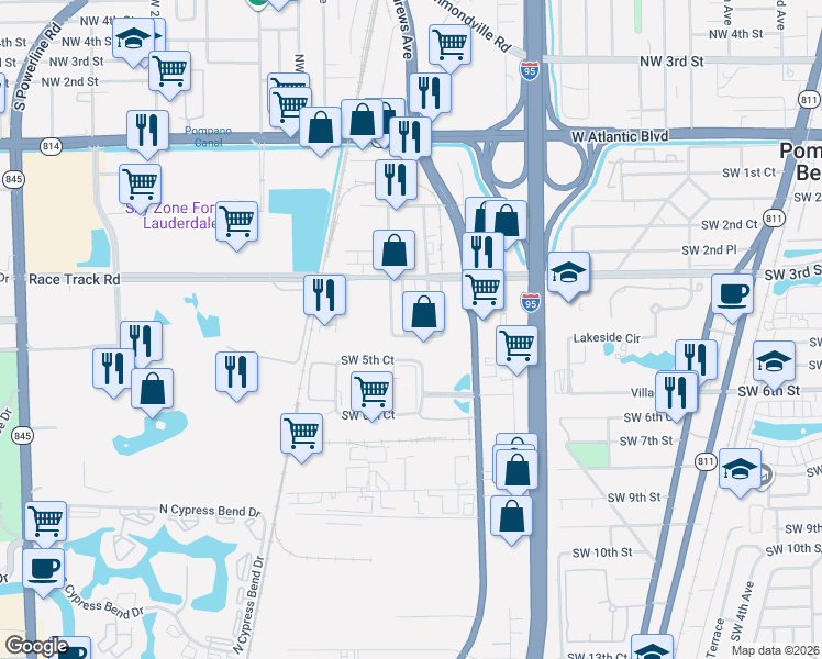 map of restaurants, bars, coffee shops, grocery stores, and more near 375 Southwest 4th Street in Pompano Beach