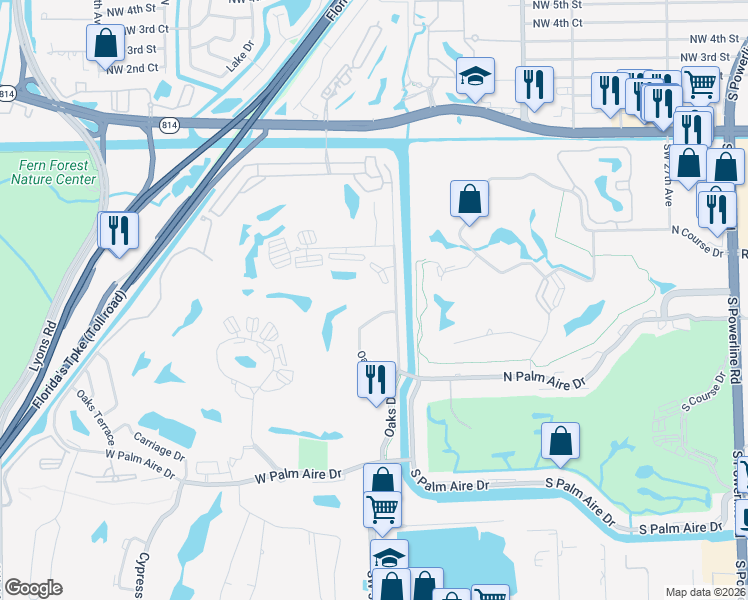 map of restaurants, bars, coffee shops, grocery stores, and more near 545 Oaks Lane in Pompano Beach