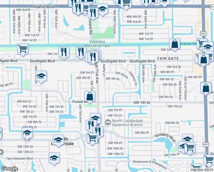 map of restaurants, bars, coffee shops, grocery stores, and more near 6891 Southwest 5th Street in Margate