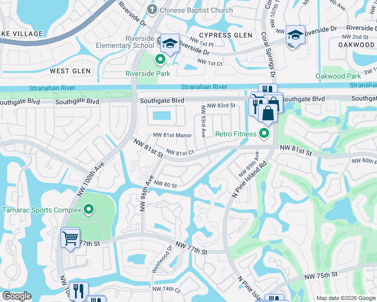 map of restaurants, bars, coffee shops, grocery stores, and more near 9312 Northwest 81st Court in Tamarac