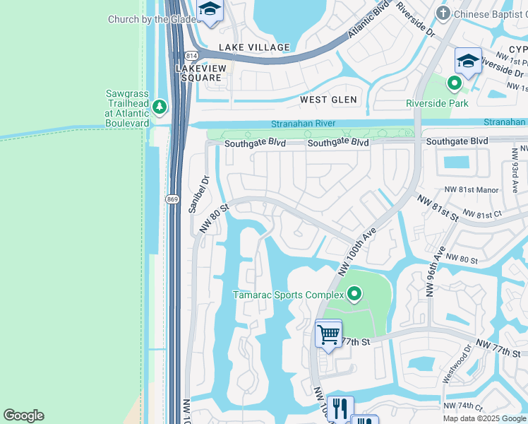 map of restaurants, bars, coffee shops, grocery stores, and more near 7808 Exeter Boulevard East in Tamarac