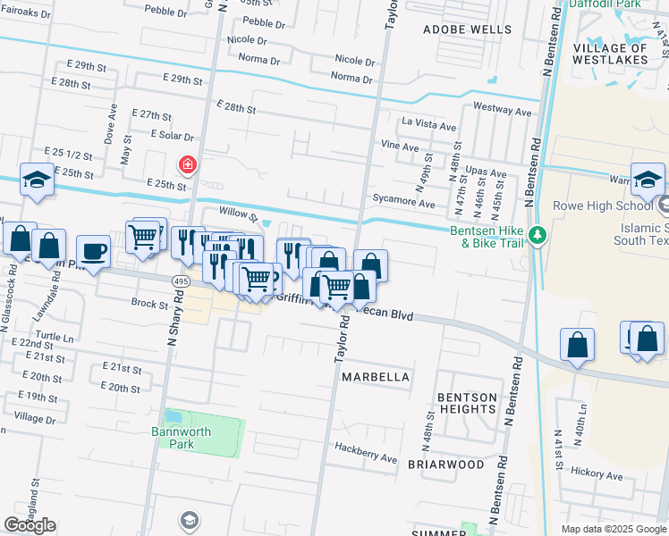 map of restaurants, bars, coffee shops, grocery stores, and more near 2815 Mimosa Street in Mission