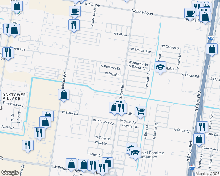 map of restaurants, bars, coffee shops, grocery stores, and more near 1300 Humming Bird Court in Pharr