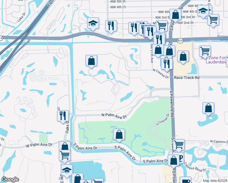 map of restaurants, bars, coffee shops, grocery stores, and more near 3010 North Course Drive in Pompano Beach
