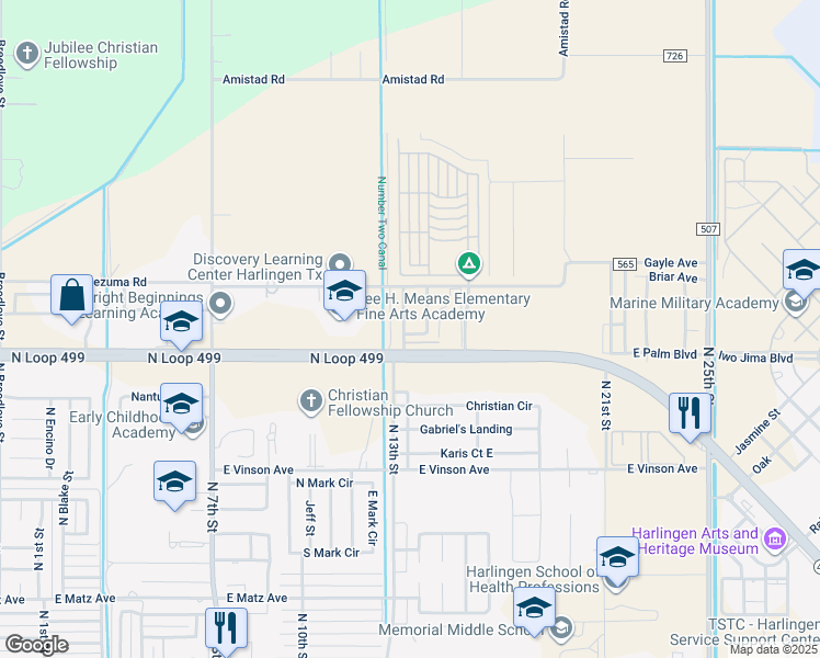 map of restaurants, bars, coffee shops, grocery stores, and more near 3206 Adams Landing Avenue in Harlingen