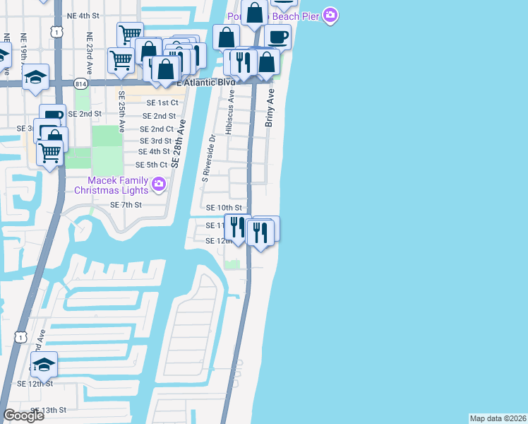 map of restaurants, bars, coffee shops, grocery stores, and more near 1010 Florida A1A in Pompano Beach