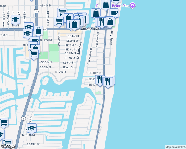 map of restaurants, bars, coffee shops, grocery stores, and more near 3314 Southeast 10th Street in Pompano Beach
