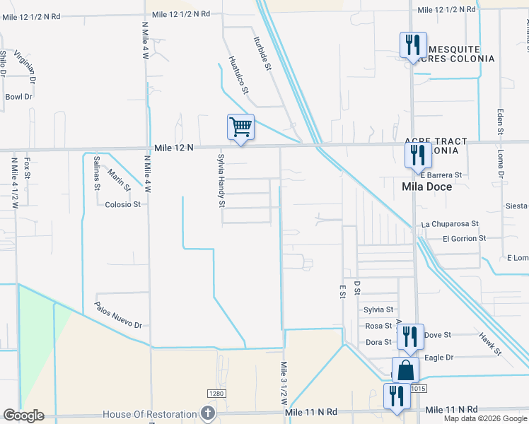 map of restaurants, bars, coffee shops, grocery stores, and more near 6808 Bill Clinton Street in Weslaco