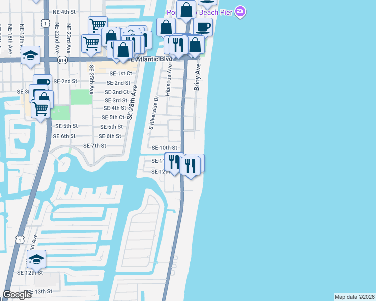 map of restaurants, bars, coffee shops, grocery stores, and more near 1010 Florida A1A in Pompano Beach
