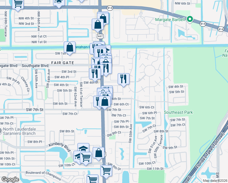map of restaurants, bars, coffee shops, grocery stores, and more near 5620 Monte Carlo Lane in Margate