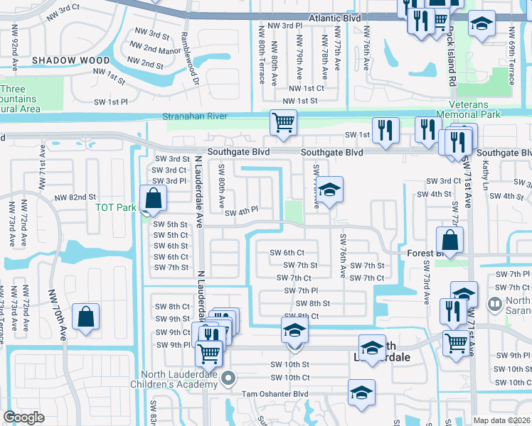 map of restaurants, bars, coffee shops, grocery stores, and more near 7901 Southwest 5th Street in North Lauderdale