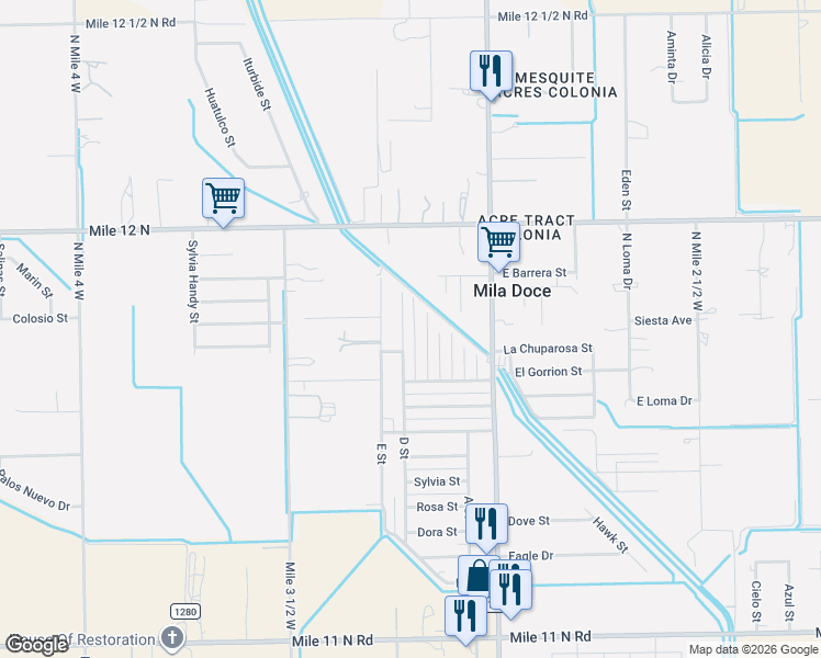 map of restaurants, bars, coffee shops, grocery stores, and more near 6915 D Street in Mercedes