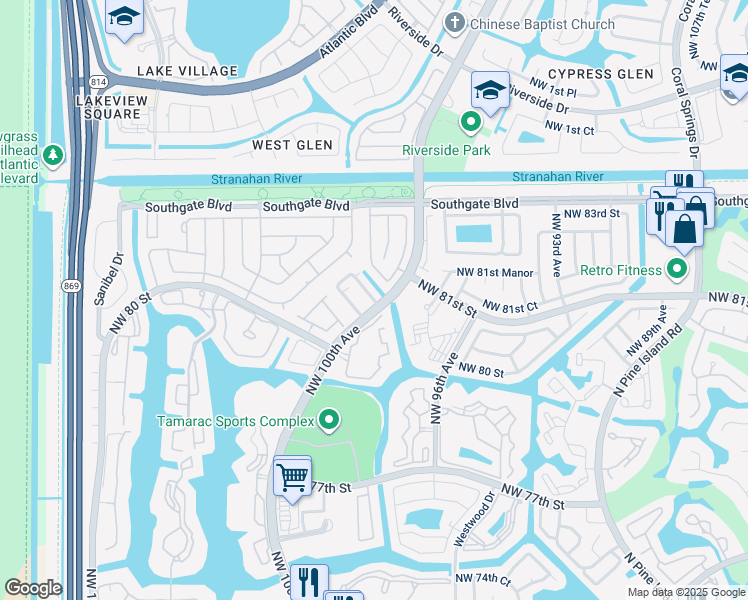 map of restaurants, bars, coffee shops, grocery stores, and more near 8070 North Nob Hill Road in Tamarac