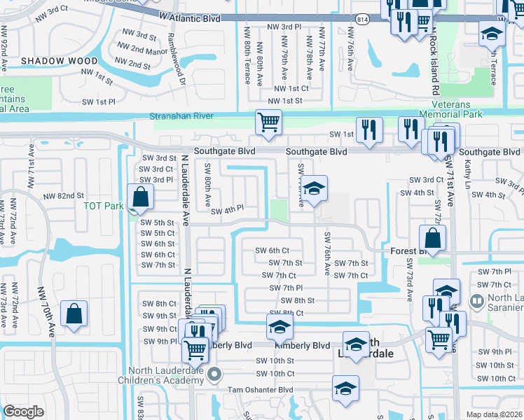 map of restaurants, bars, coffee shops, grocery stores, and more near 7801 Southwest 5th Street in North Lauderdale