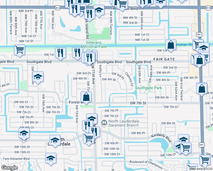 map of restaurants, bars, coffee shops, grocery stores, and more near 6891 Southwest 5th Street in Margate