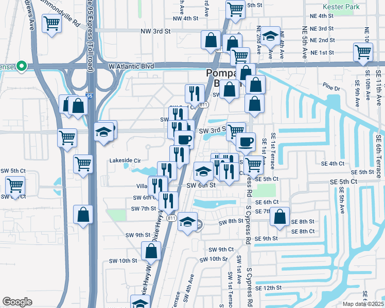 map of restaurants, bars, coffee shops, grocery stores, and more near 457 South Dixie Highway in Pompano Beach