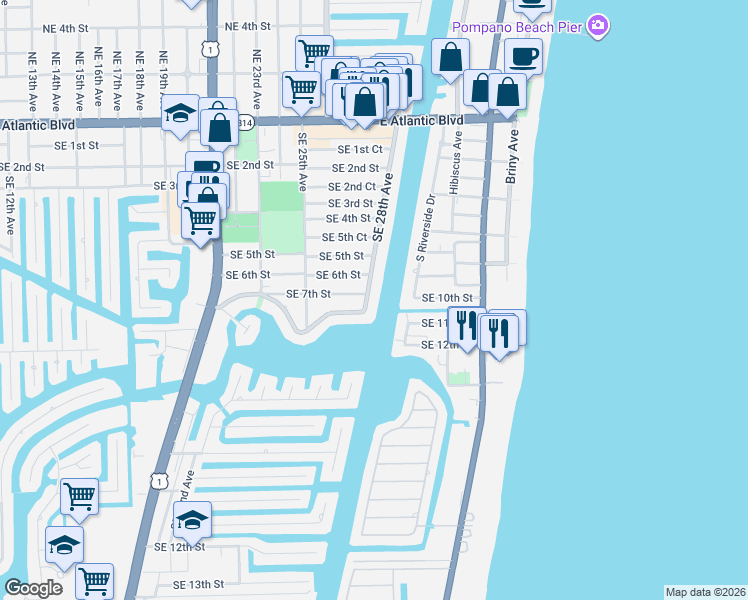map of restaurants, bars, coffee shops, grocery stores, and more near 704 Southeast 28th Avenue in Pompano Beach