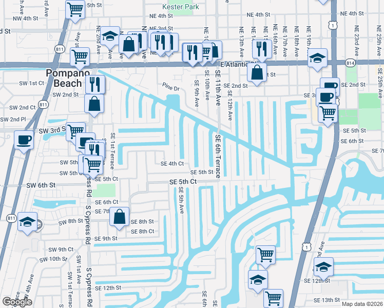 map of restaurants, bars, coffee shops, grocery stores, and more near 421 Southeast 5th Terrace in Pompano Beach