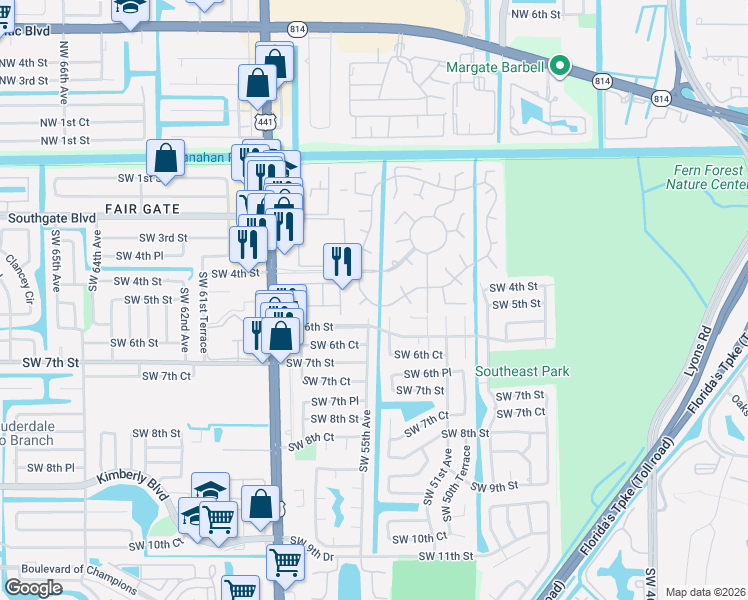 map of restaurants, bars, coffee shops, grocery stores, and more near 15 South Cortez Drive in Margate