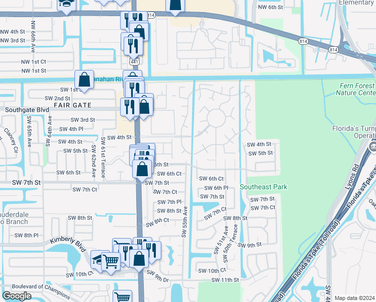 map of restaurants, bars, coffee shops, grocery stores, and more near 15 South Cortez Drive in Margate