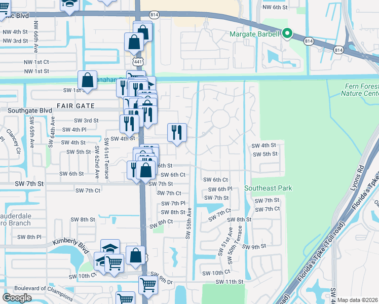 map of restaurants, bars, coffee shops, grocery stores, and more near 15 South Cortez Drive in Margate