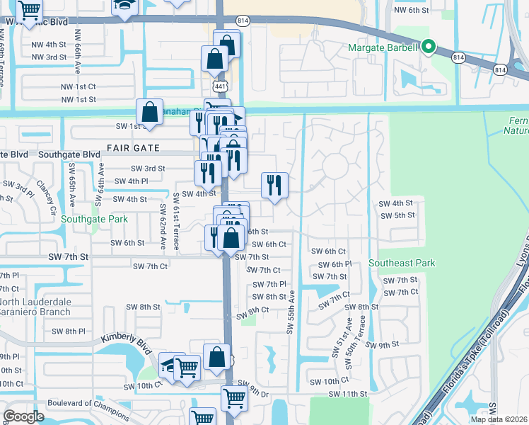 map of restaurants, bars, coffee shops, grocery stores, and more near 5524 Monte Carlo Lane in Margate