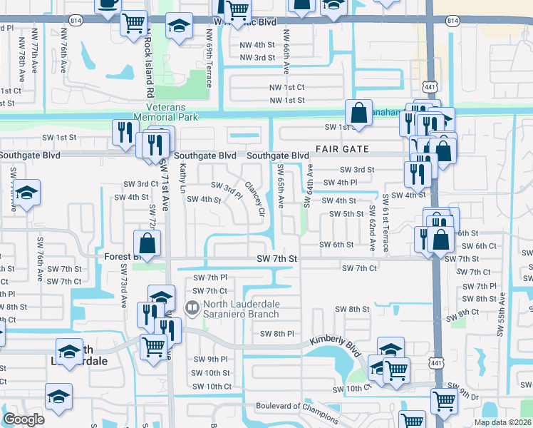 map of restaurants, bars, coffee shops, grocery stores, and more near 419 Southwest 65th Avenue in Margate